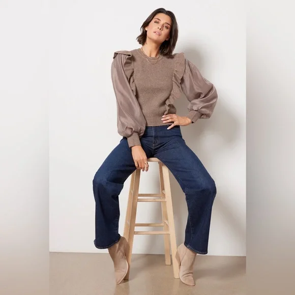 Design History Women's Organza Sleeve Sweater Top, Size Medium Brown Wool Blend - Picture 1 of 8